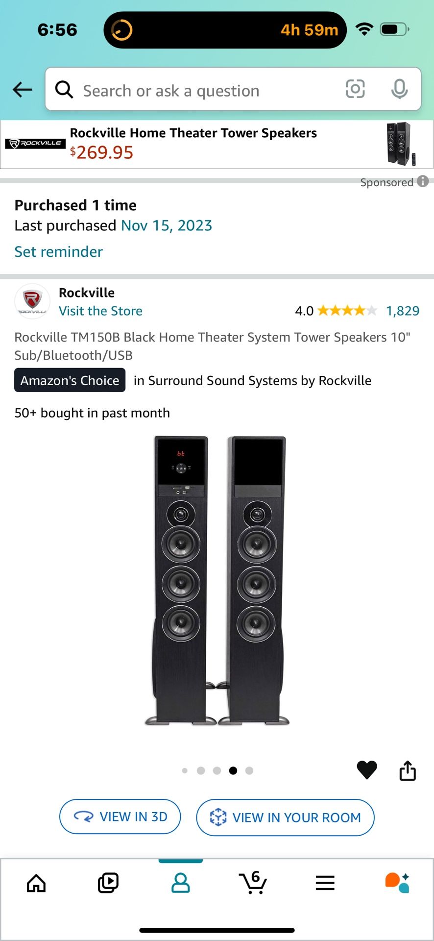 Rockville TM150B Black Home Theater System Tower Speakers 10" Sub/Bluetooth/USB