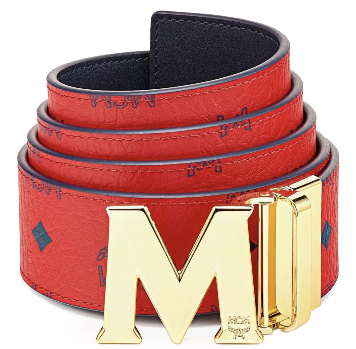 MCM CLAUS TEXTURED REVERSIBLE BELT 1.75" IN VISETOS CANDY RED/NAVY BLUE