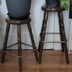 Two Wooden and Metal Bar Stools / Wooden Plant Stands / Counter Height Stool (each $45 both for $80)