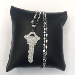 925 Sterling Silver 1.00CT MOISSANITE Pave Key Pendant Necklace Size 18”