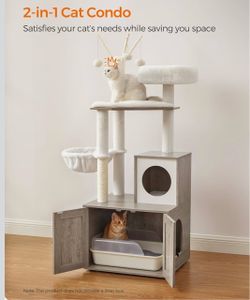 Cat Tree with Litter Box Enclosure, 59-Inch, 2-in-1 Condo Farmhouse Cat Tower with Scratching Posts, Washable Removable Cushion, Heather Greige, HAINS