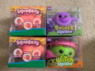 Squeeezy peach, witch squishy, and spider