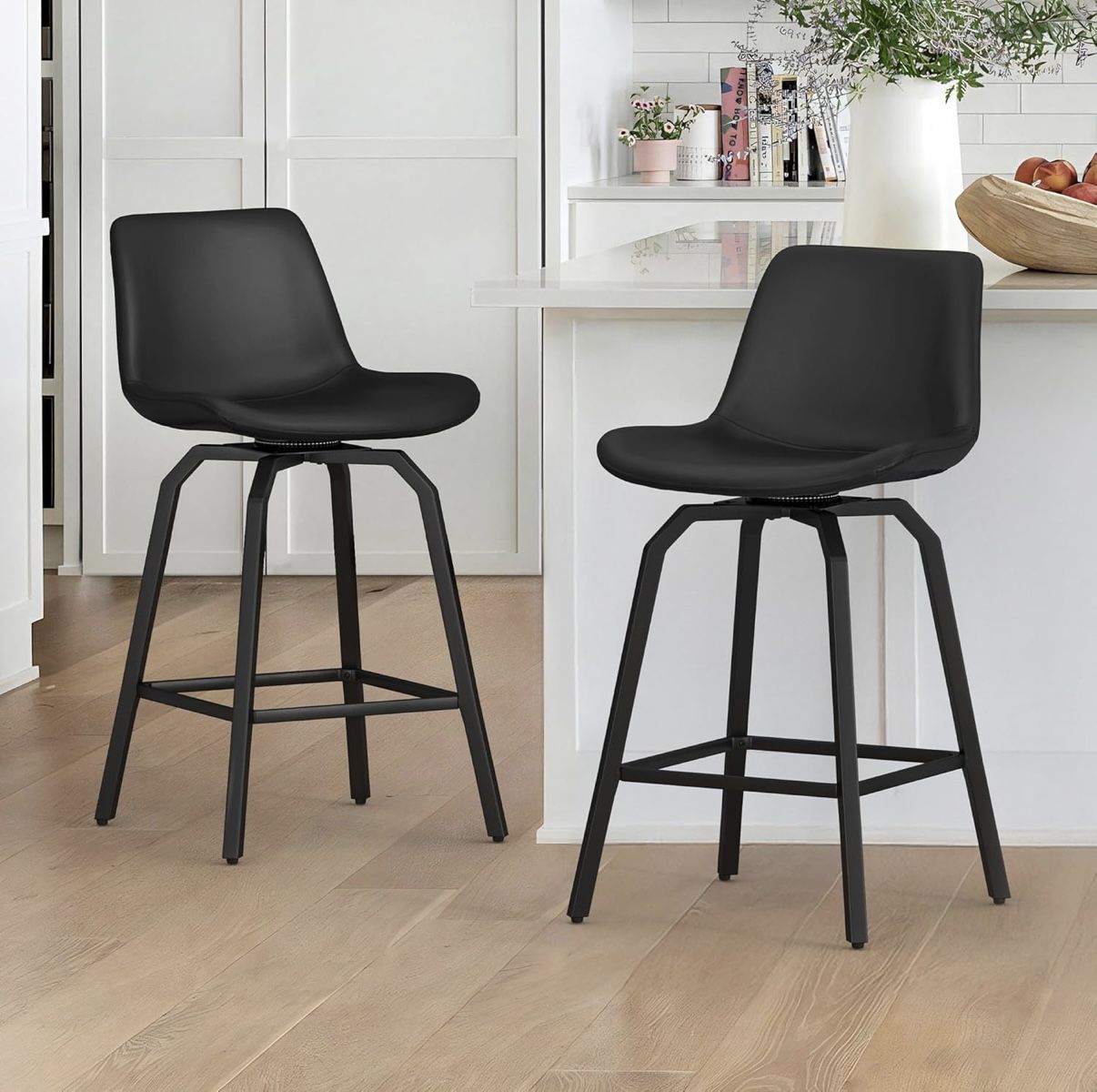 Set of 2，26 inch 360° Swivel Bar Stools Counter Height Bar Stools, Modern Faux Leather