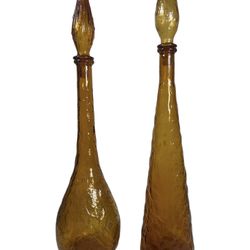 Vintage MCM Amber Empoli Glass Crinkle Genie Bottle Decanter With Stopper 22”