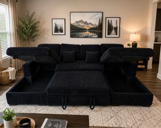 🛋️ Black U-Shape Sectional Couch Sleeper Sofa with Storage Corduroy