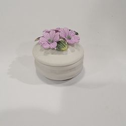 Vintage Porcelain Bisque Purple Flowers Trinket Box With Lid ~ 1.5"×1.75" Floral