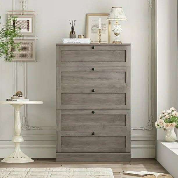 5 Drawer Bedroom Dresser, Modern Farmhouse Vertical Dresser Drawers Wood, Grey