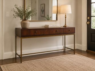 Mitchell Gold and Bobby Williams Walnut and Metal Base Entry Console Table. Good Condition, small scratches on top.  52x14x29in