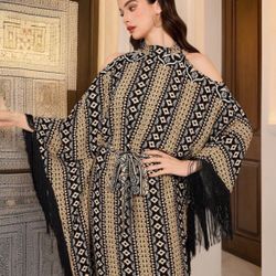  Women's Fringe Decor Open Shoulder Simple Long Dress
