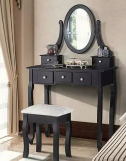 Bedroom Dressing Vanity Table Set Mirror & 5 Drawer White Vanity Makeup Desk