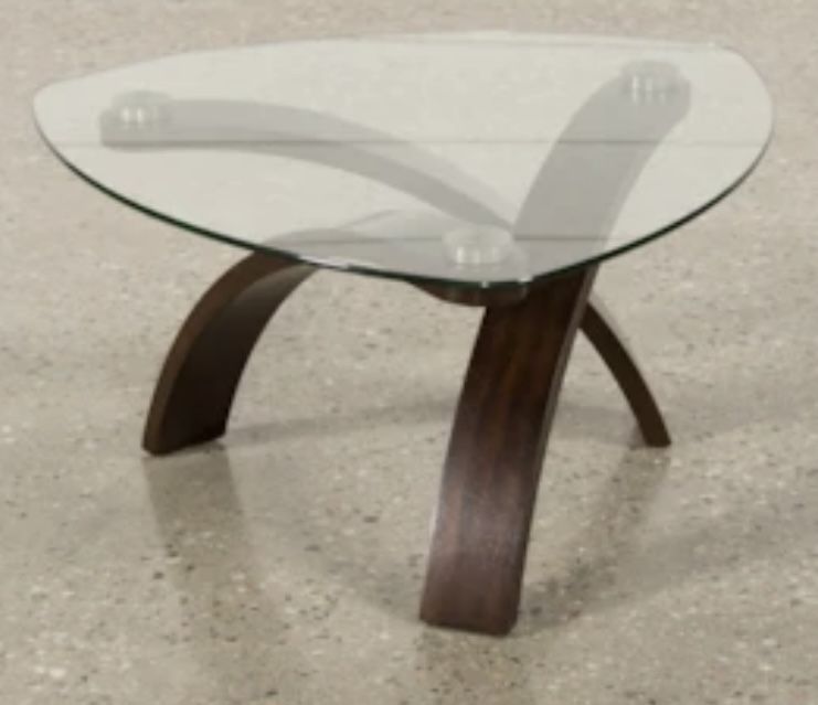 Living Spaces 34” Midcentury Wide Triangle Glass Top & Wood Base Coffee Table- $100