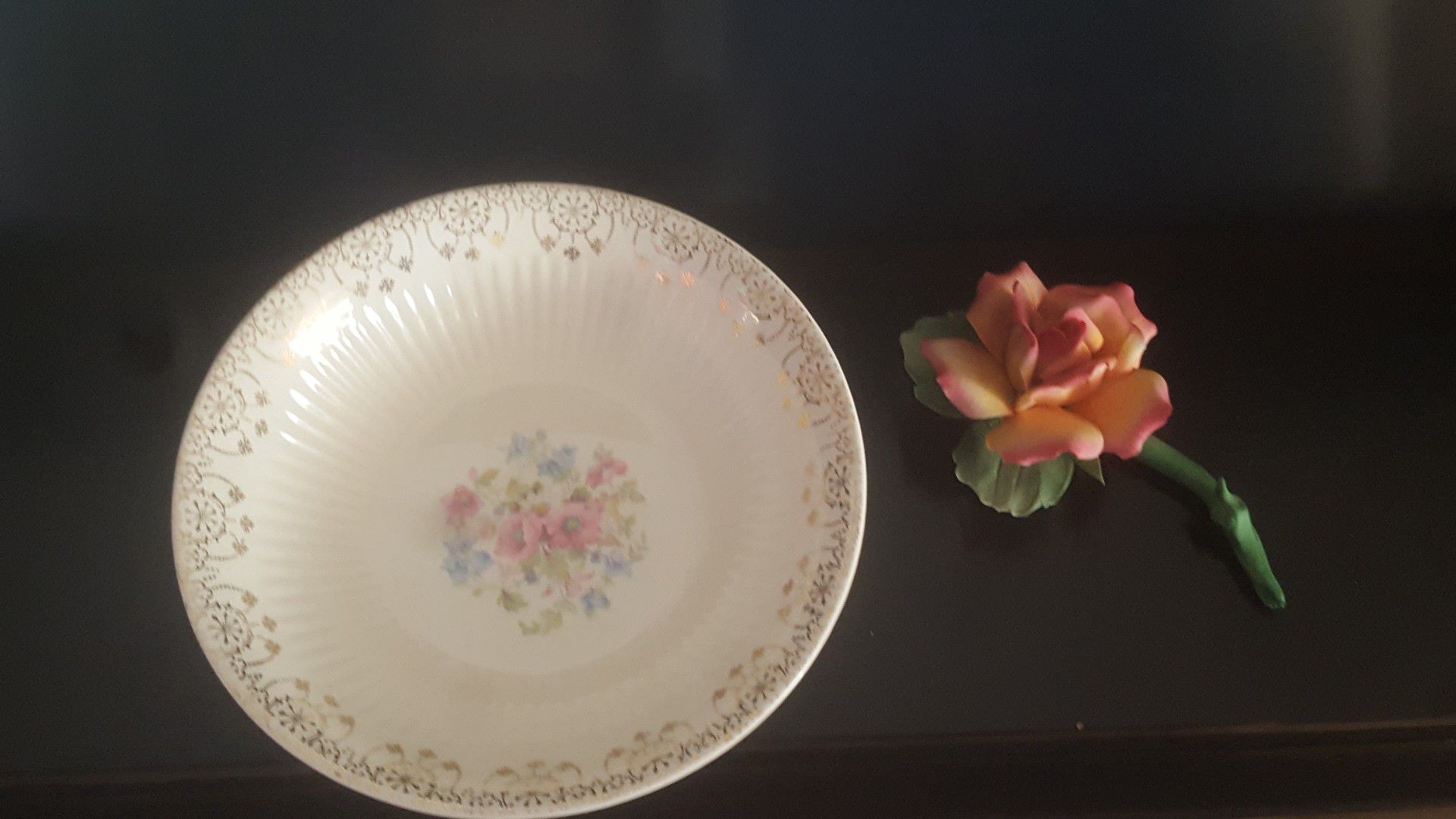 Vintage 22k Gold leaf 8" Bowl, and Delicate Ceramic Rose, $15