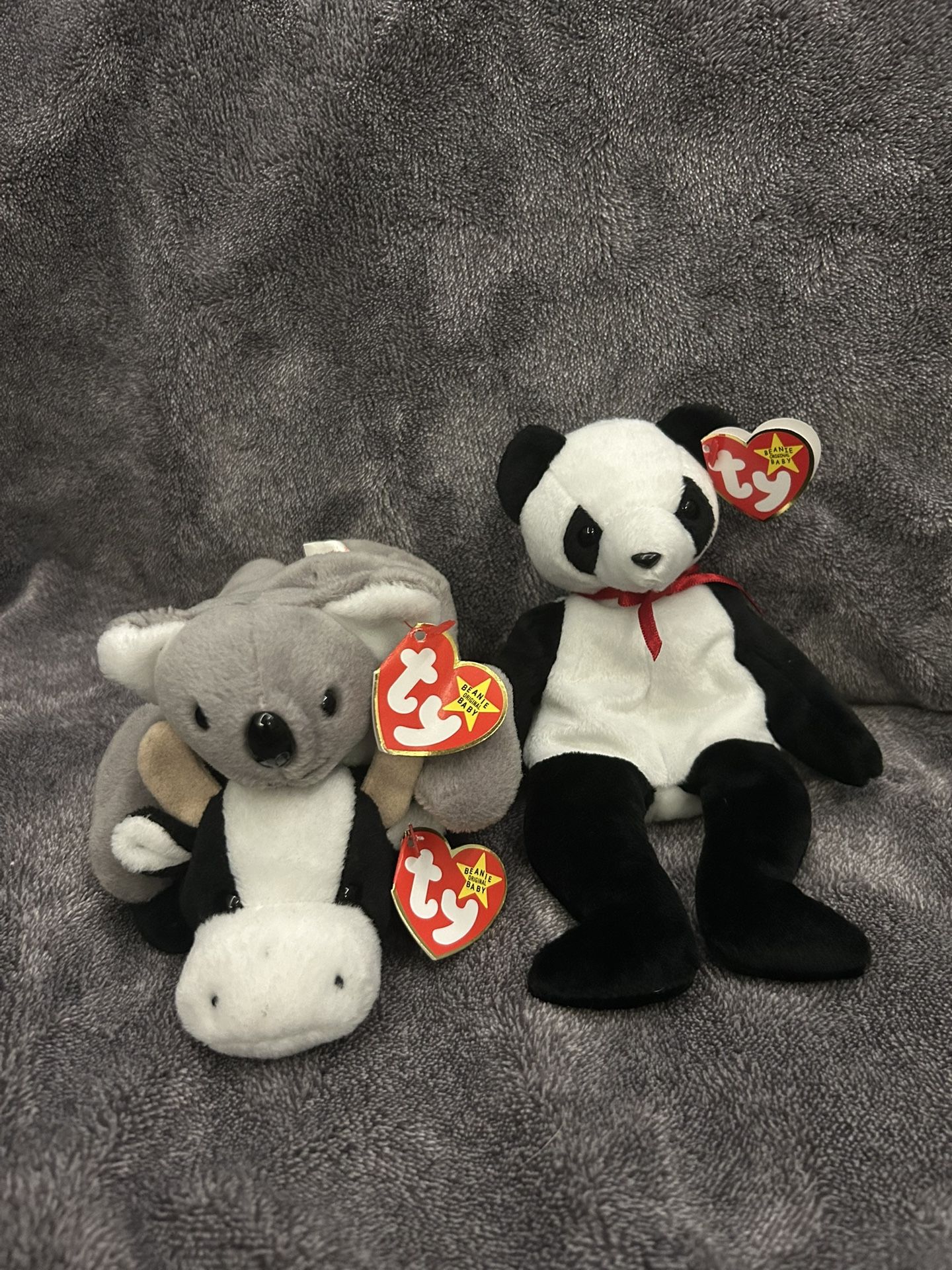 Koala, Panda, and Cow Beanie Babies