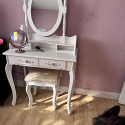 White Vanity Table with Mirror & Stool – $100