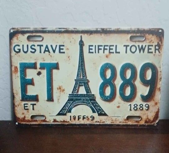 2D Flat, Vintage Paris Eiffel Tower Metal Wall Sign - 8x12 Inch Rustic Tinplate Art with Gustave Eiffel Tower Design, 1889 Paris Landmark Decor 