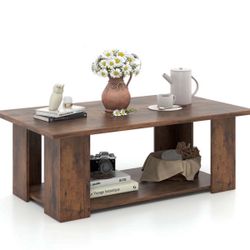 New Modern 2-Tier 36” Rectangular Coffee Table with Storage Shelf in Walnut Brown Finish 