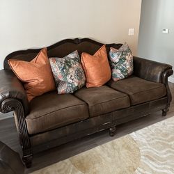 Brown Leather-Accent Sofa