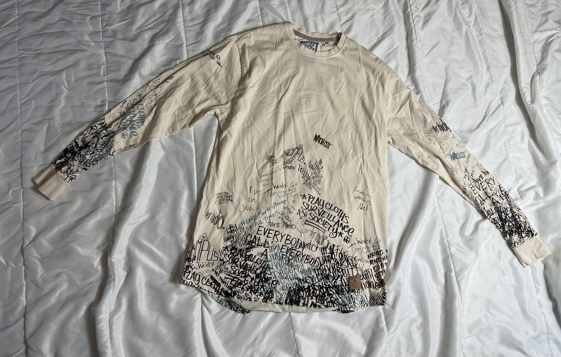 Play Cloths Men Size Large Running Jack Graffiti Beige Multi Colored Long Sleeve