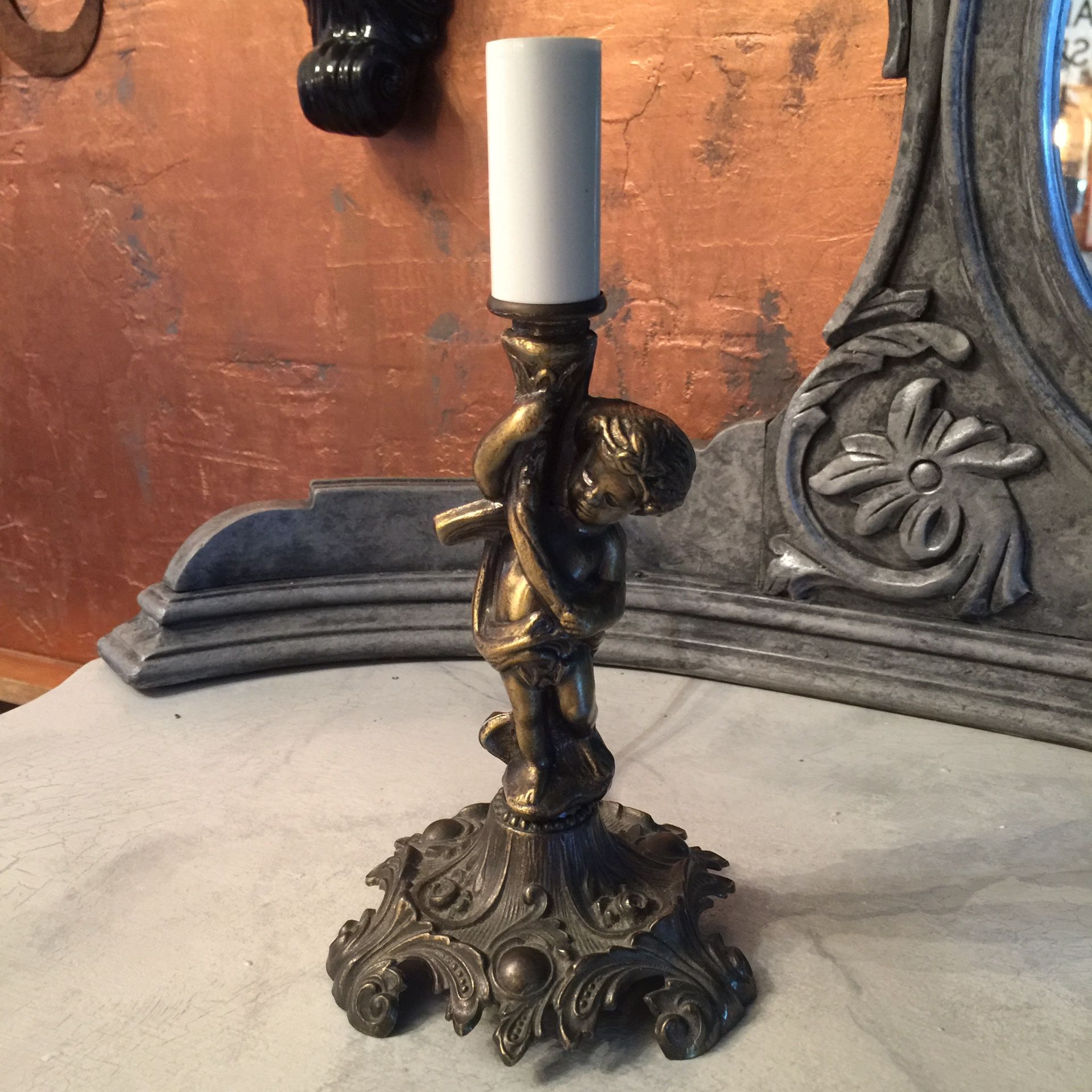Small Vintage Brass Cherub Lamp