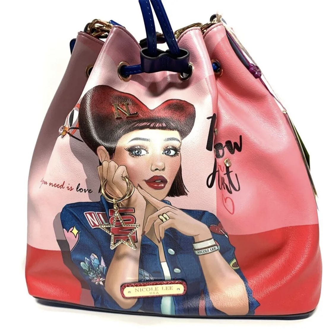 Nicole Lee USA Drawstring Designer Leather Bucket Bag for Women