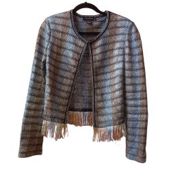 St. John Caviar Birch ribbon knit Fringe jacket Sz 12