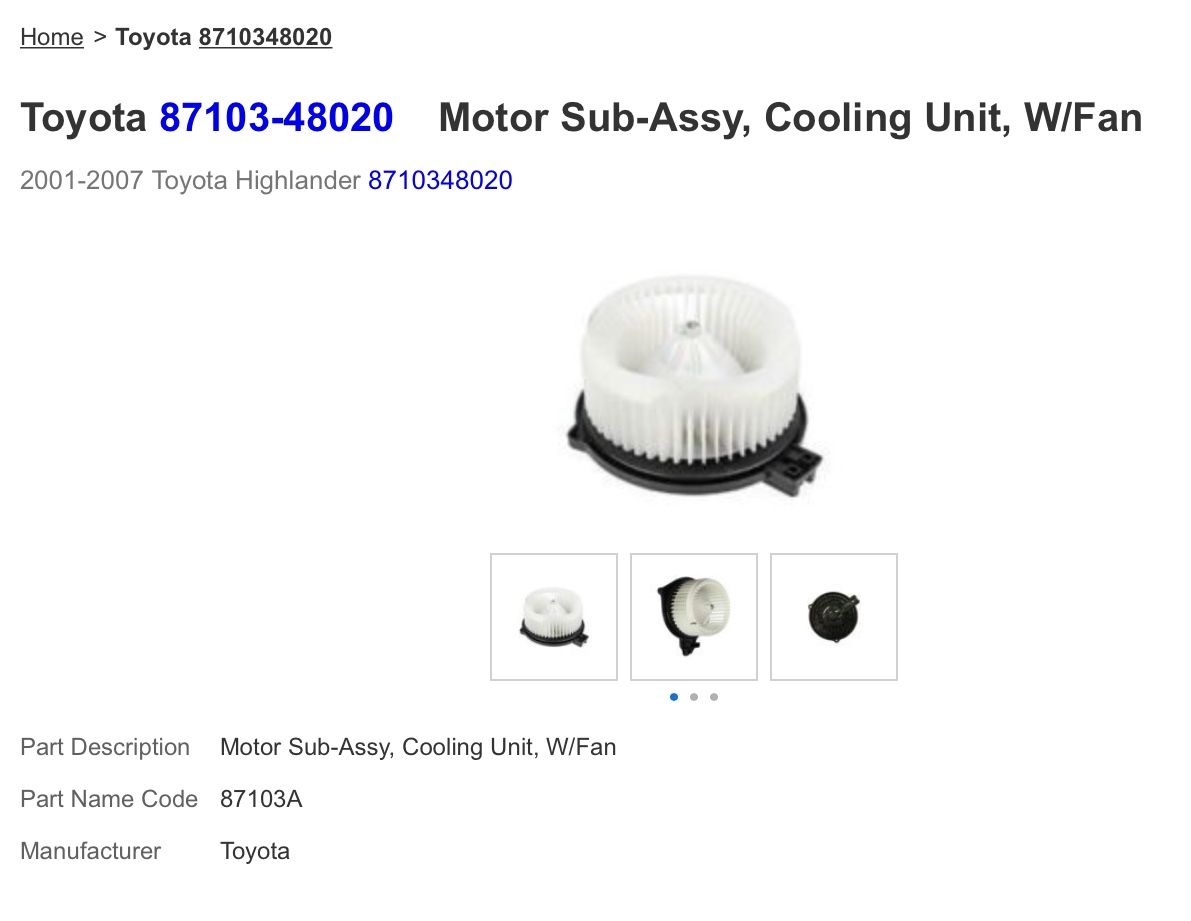 Genuine Toyota Highlander Blower Motor Assy.