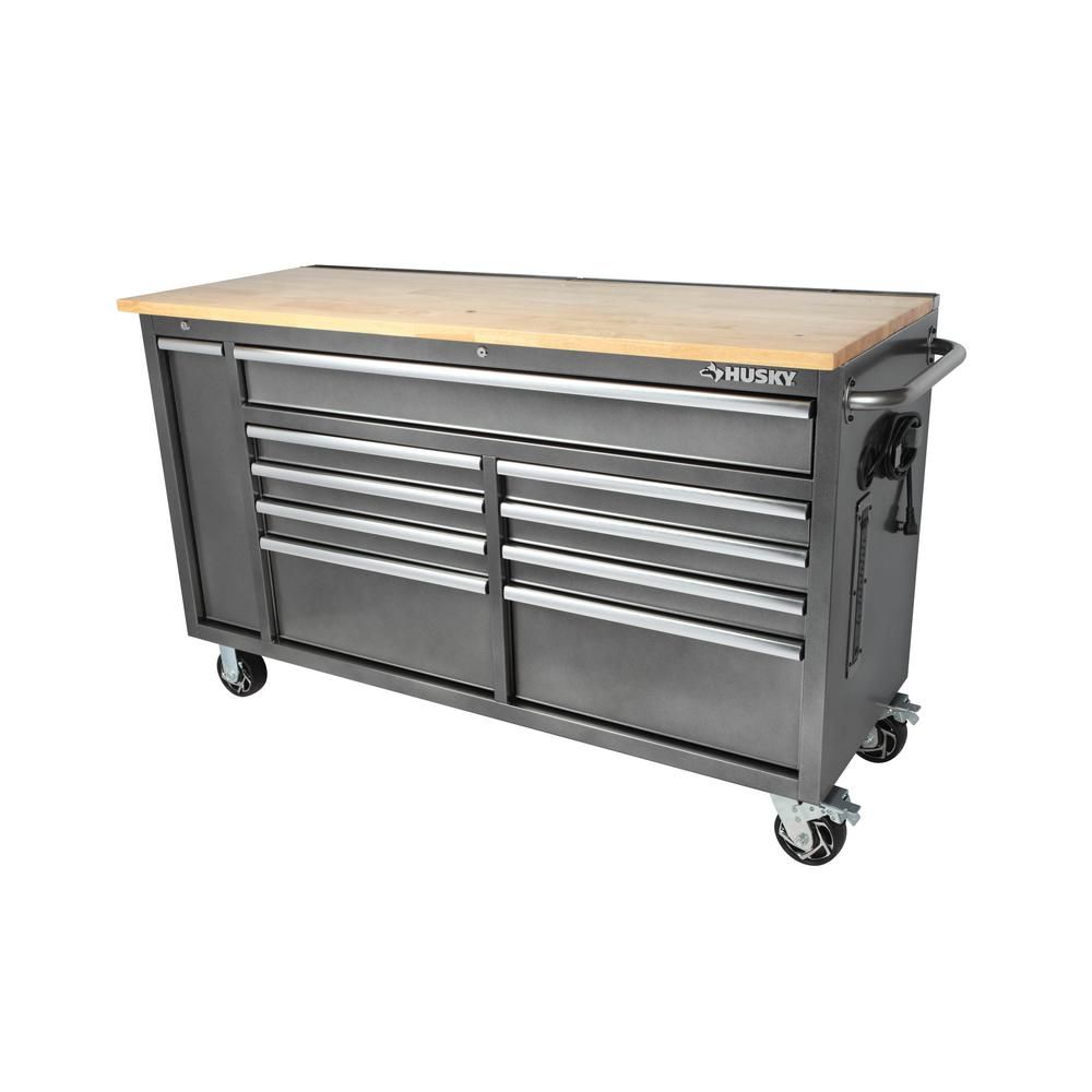 61 in. W X 24 in. D Standard Duty 10-Drawer Mobile Workbench Tool Chest with Sliding Bin Storage Drawer in Silver