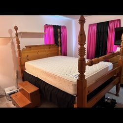 Queen Antique Oak bed frame and  original mattress factory mattress