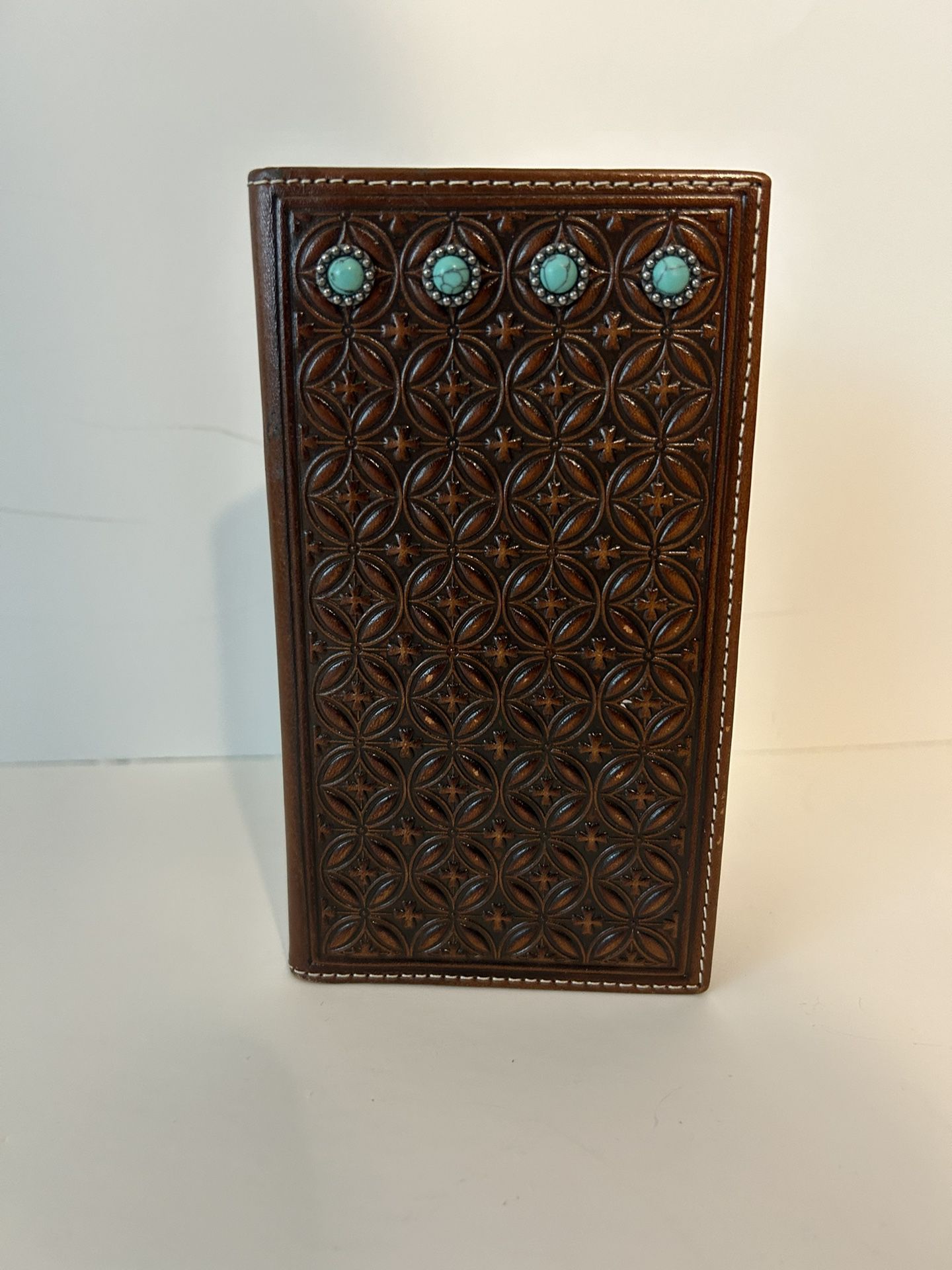 Nocona Brown Genuine Leather Bi-fold Wallet With Turquoise Stones