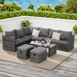 6 Piece Outdoor Patio Furniture Set, All Weather Wicker Rattan Outdoor Sofa Conversation Set with Glass Table, Cushions and Pillows, for Lawn, Garden,