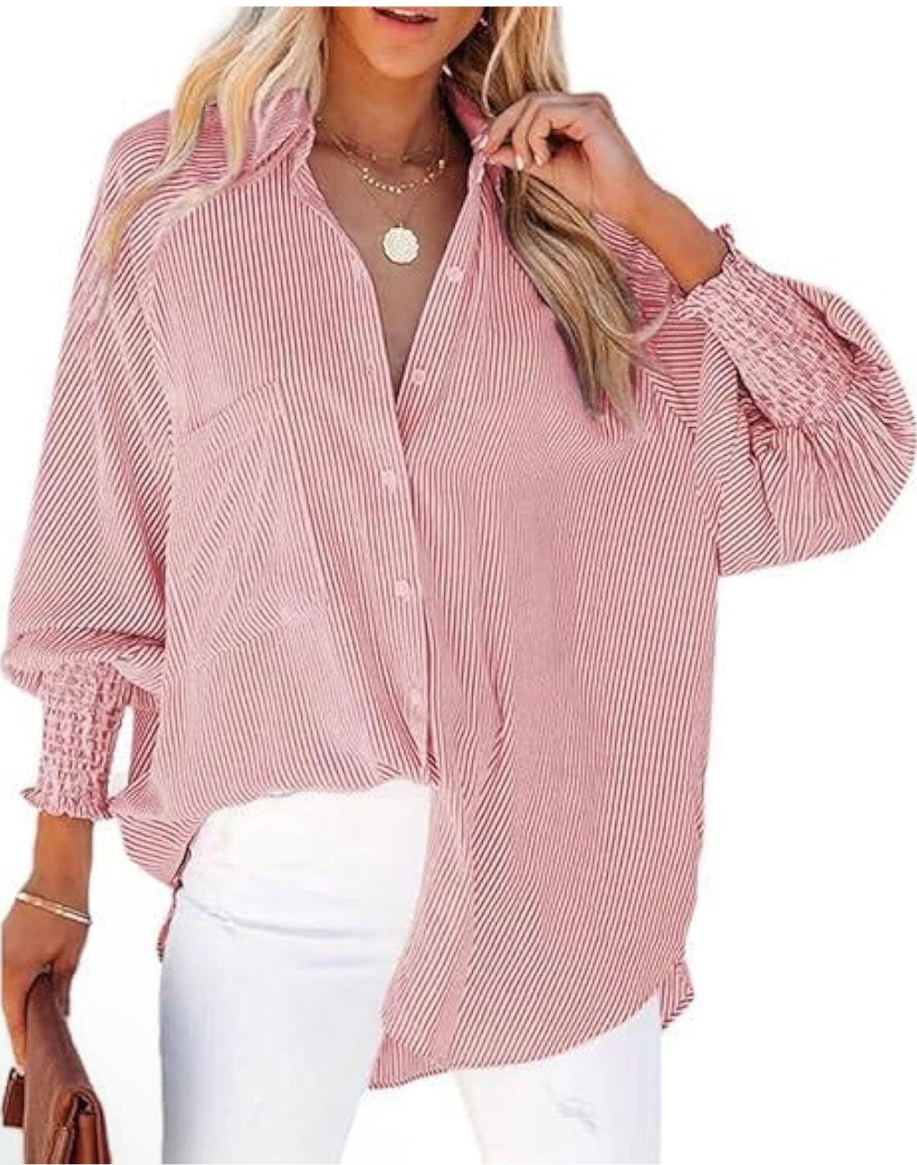 L size Women's Casual Button-Down Blouse Smocked Cuffed Striped Long Sleeve Shirt Lantern Sleeve Design(pls choose red or green)