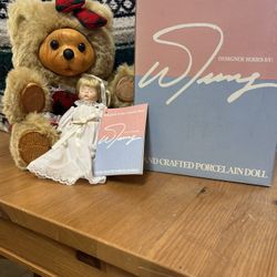 Xmas Teddy Bear With Porcelain Doll