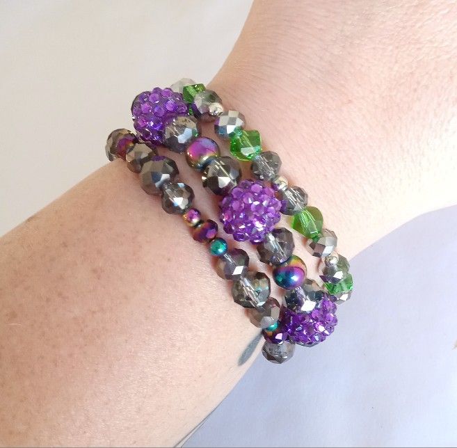 Sparkly Halloween Bracelets Smokey Gray, Green, Purple And Silver New