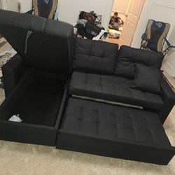Black Linen Sectional Sofa W/storage Chaise And Pullout Bed