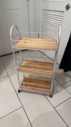 3-Tier Rolling Storage Cart – Pink & Wood