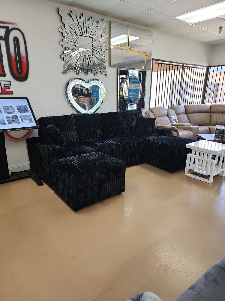 Black Corduroy Sleeper Sectional With Storage Chaise Lounge And Cup Holders Free Ottoman As Well