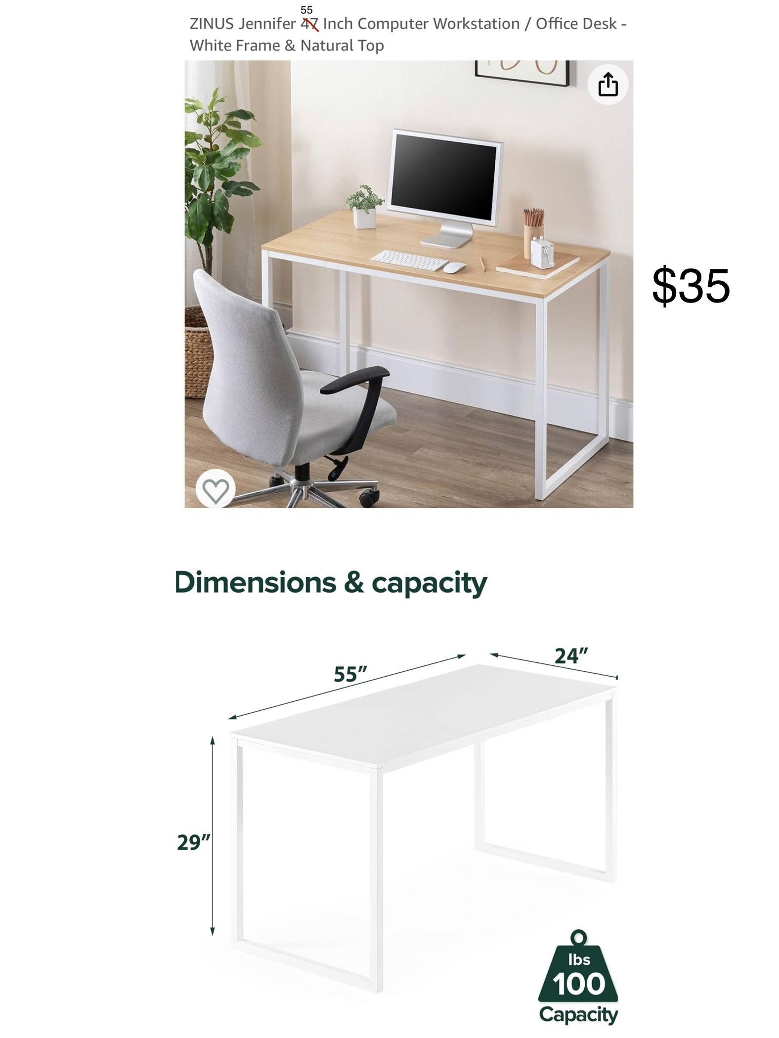 ZINUS Jennifer 55 Inch Computer Workstation / Office Desk - White Frame & Natural Top