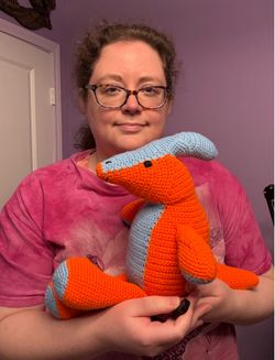 Parasaurolophus Duck Billed Dinosaur Crocheted Plushie Stuffed Animal Orange Blue LAYAWAY AVAILABLE