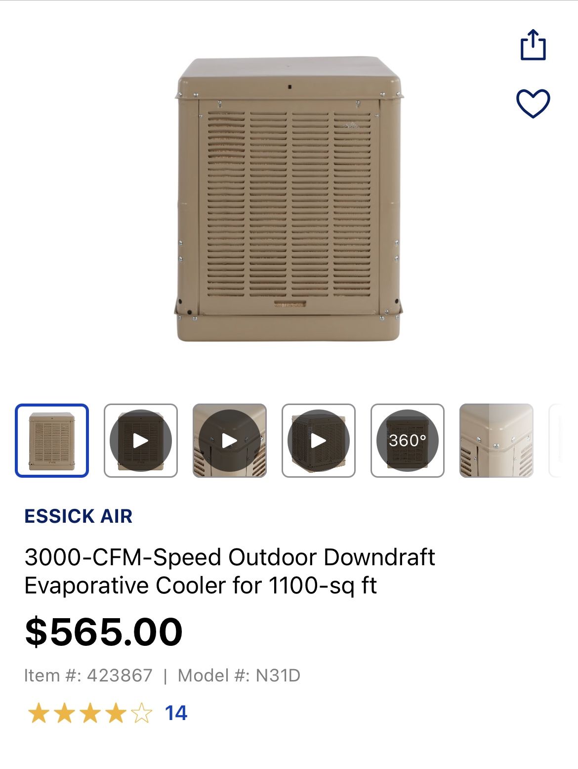 ESSICK AIR 3000 CFM Speed Outdoor Downdraft Evaporative Cooler for 1100 sa ft