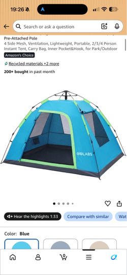 New Golabs Pop Up Camping Tent for 2/3 Person, Quick Setup by Pre-Attached Pole