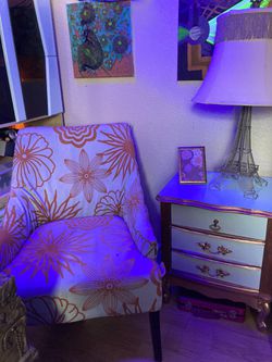 Accent chair & small French Provincial dresser w/ lamp