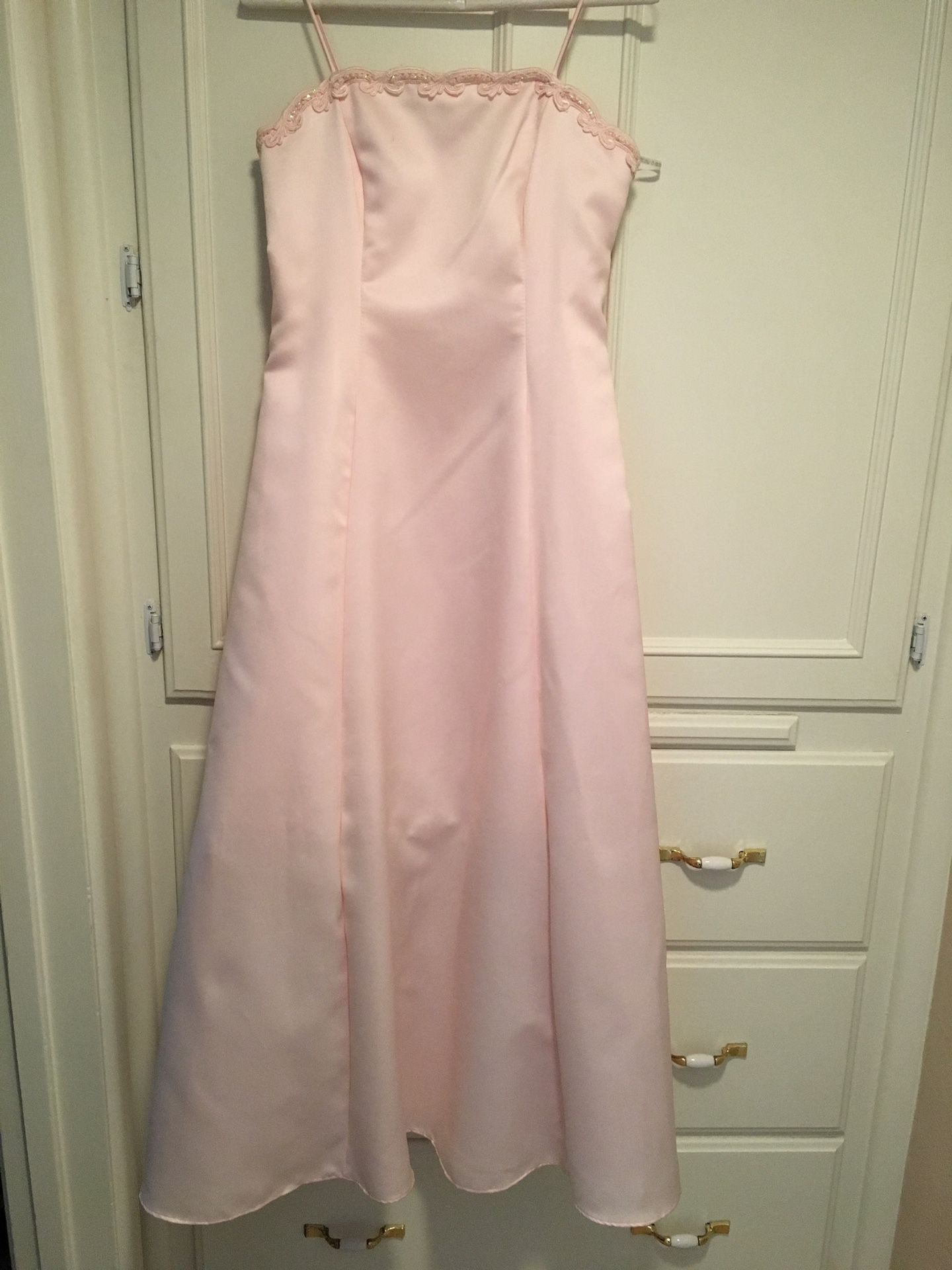 Teenager/woman’s pink satin dress/sequins along the top size 6