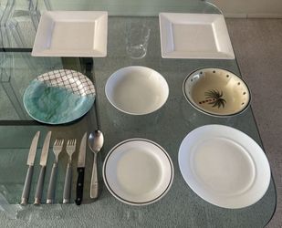 14 Piece Dishware For Single Person, RV Camping Large Dinner Plate Soup Fruit Salad Cereal Bowl Glass Knives Forks Spoon