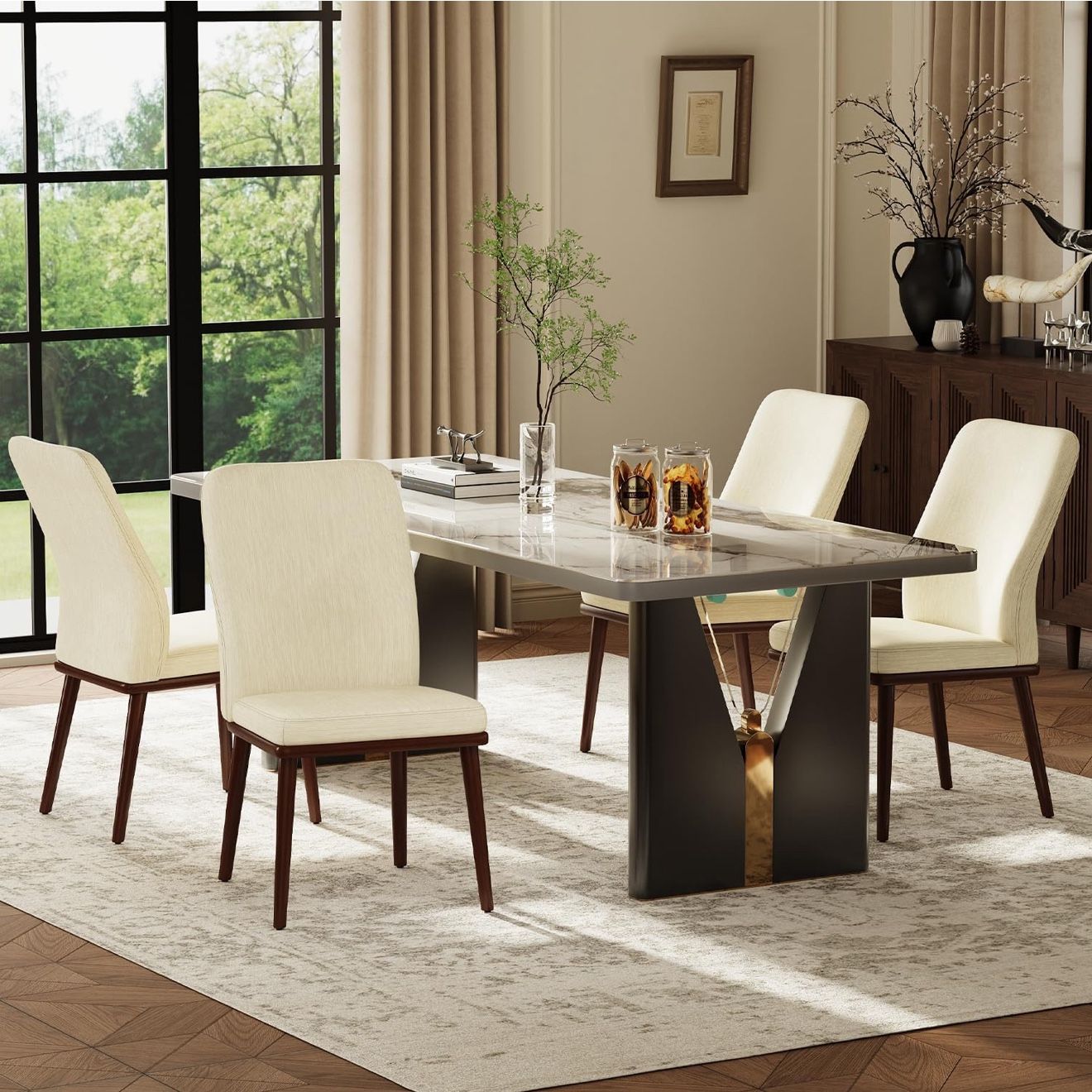 Wooden Dining Chairs Set of 4, Modern Fabric Upholstered Chair with Wooden Legs for Kitchen Dining Room and Cafe, Beige