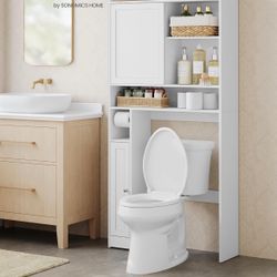 Over The Toilet Storage Shelf, Bathroom Storage Cabinet with Sliding Door, Adjustable Shelves, Toilet Paper Holder, Space-Saving, Modern, 9.8 x 32.7 x