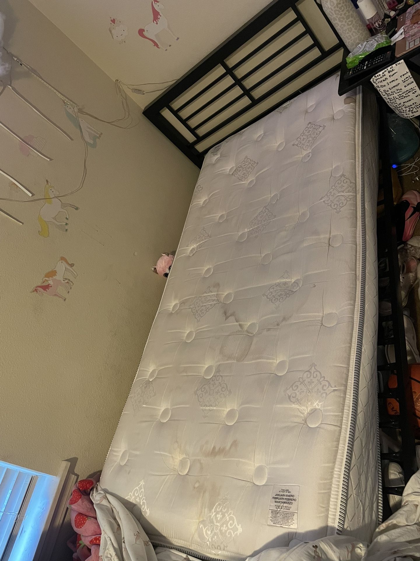 Twin Mattress Black Metal Bed Frame 2 Comforters And 3 Sheet Sets