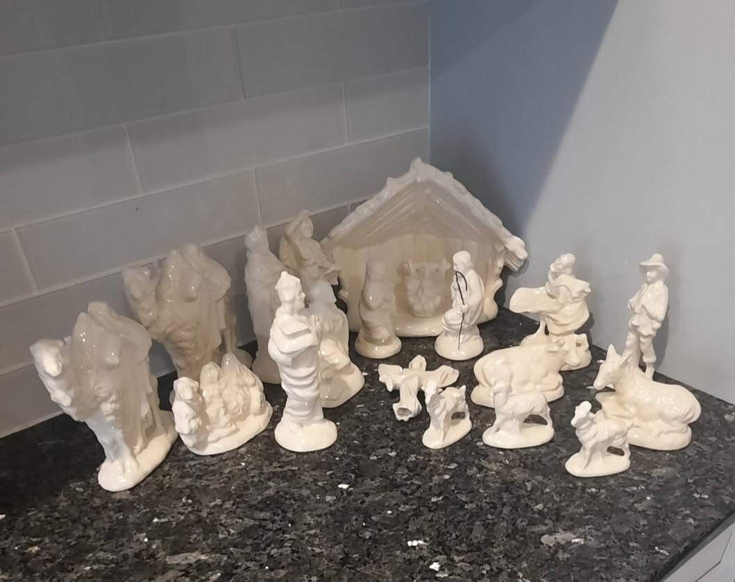 Ceramic Nativity Set Handmade Vintage Elegant Glossy All White