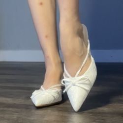 White Lace Bow Kitten Mules Heels