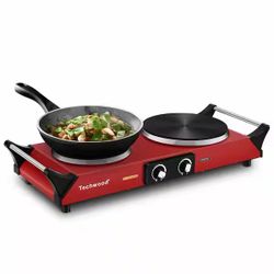 Elexnux Portable 2-Burner 7.4 in. Red Electric Stove 1800-Watt Hot Plate with Anti-Scald Handles 