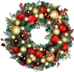 WANNA-CUL Pre-Lit 30 Inch Large Christmas Wreath for Front Door with 50 Led Lights,Luxury Red Gold Lighted Christmas Door Wreath Decor with Ball Ornam